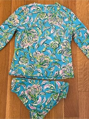LILLY PULITZER Kids Blue Floral Long-Sleeve Swim Set TOP AND BOTTOM 10